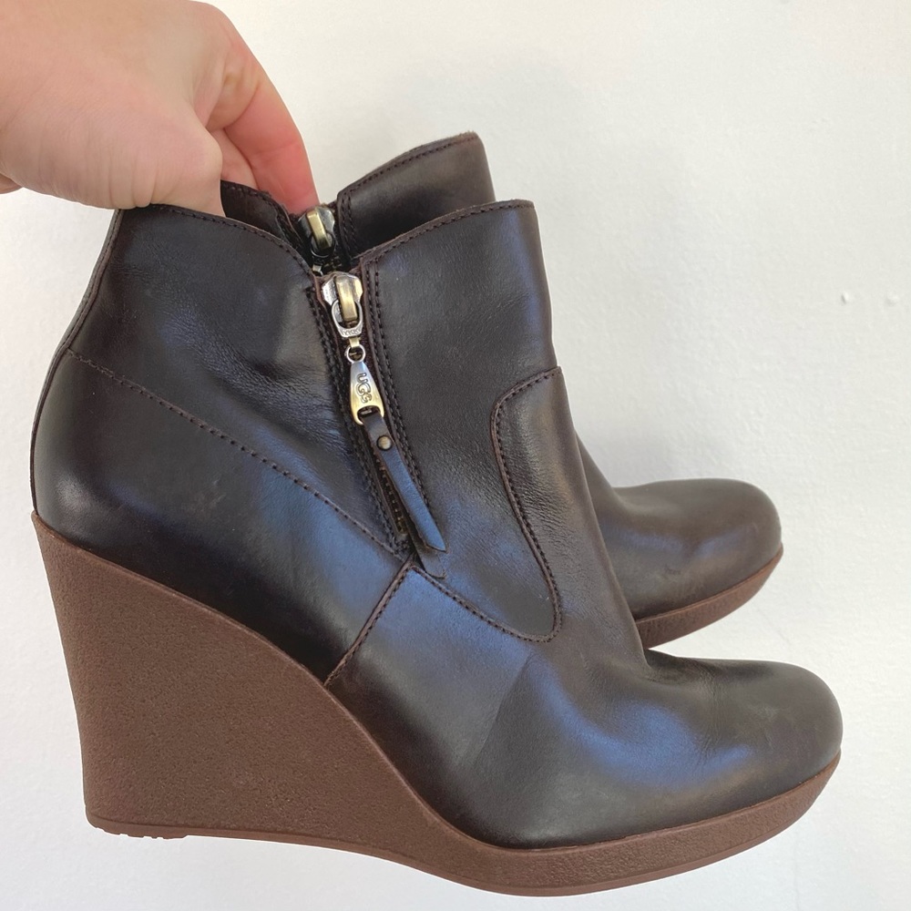 UGG Meredith Brown Leather Wedges Ankle Boots